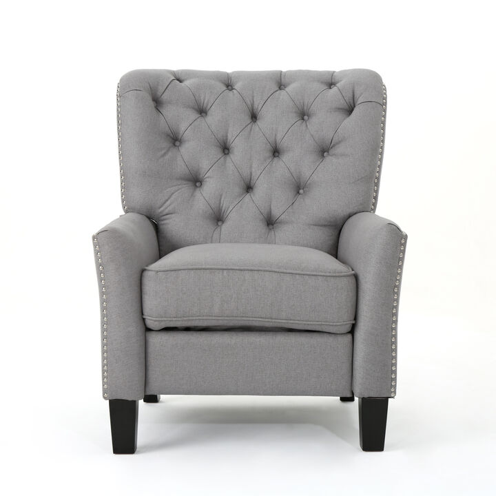 Push Back Recliner Chair, Modern Rivet Design Ergonomic, Light Gray Fabric - Benzara