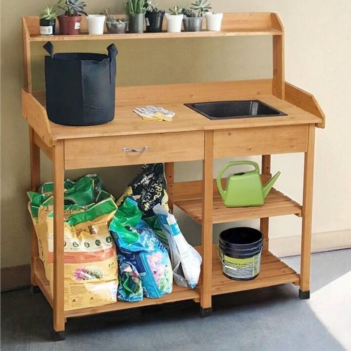 QuikFurn Outdoor Garden Wood Potting Bench Work Table with Sink in Light Wood Finish