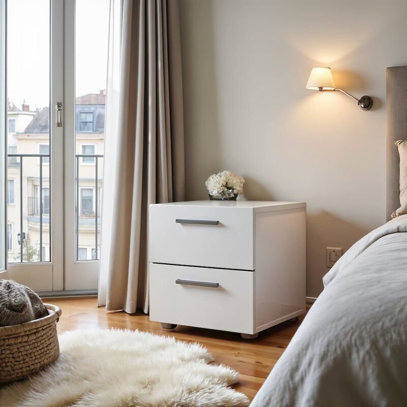 Furnifact Modern White 2 Drawer Nightstand - Stylish Bedroom Nightstand With Drawers