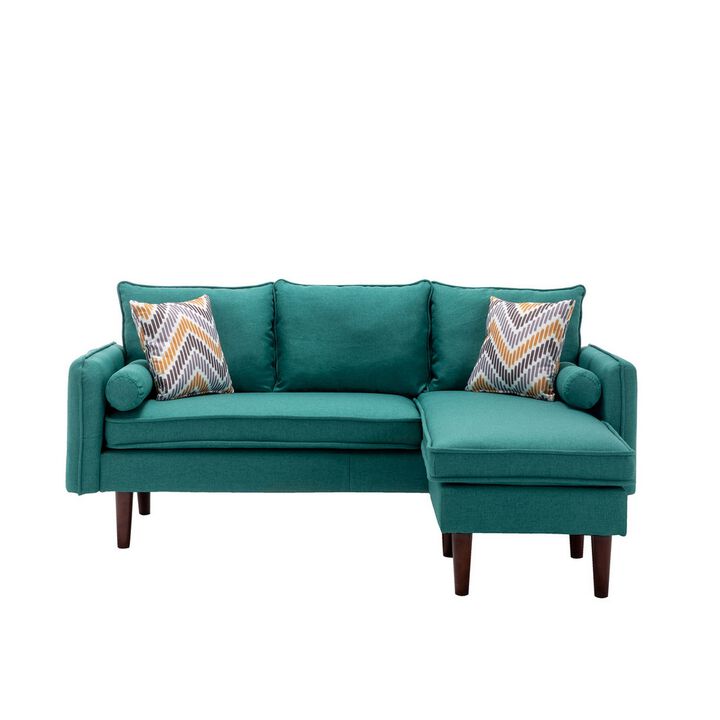 Ranon 70 Inch Sectional Chaise Sofa, Pillows, USB Ports, Side Pockets, Teal - Benzara