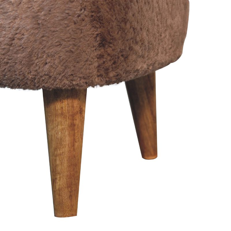 Mocha Faux Fur Upholstered Solid Wood Square Stool