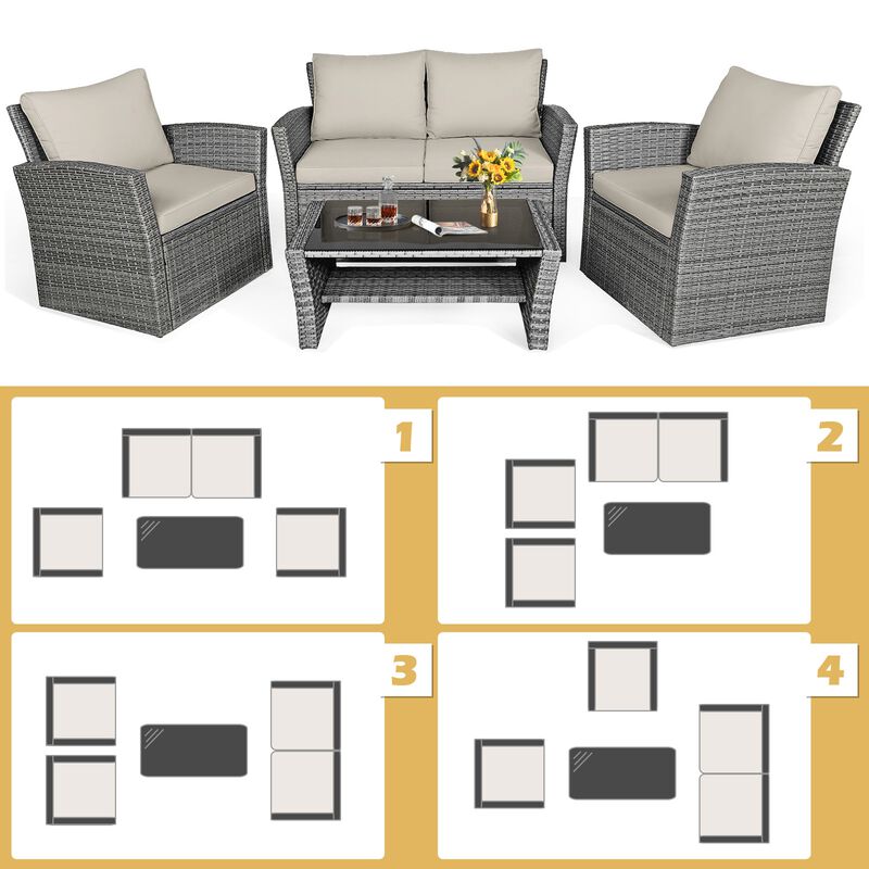 4 Pieces Patio Rattan Furniture Set Sofa Table with Storage Shelf Cushion