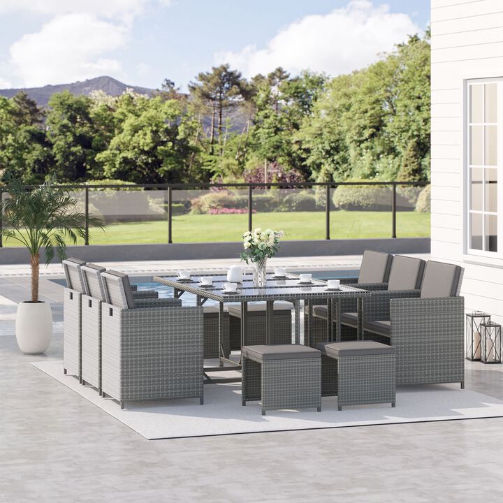 Dark Grey Patio Set: 11-Piece Wicker Dining Set with Table, Ottoman, Chairs