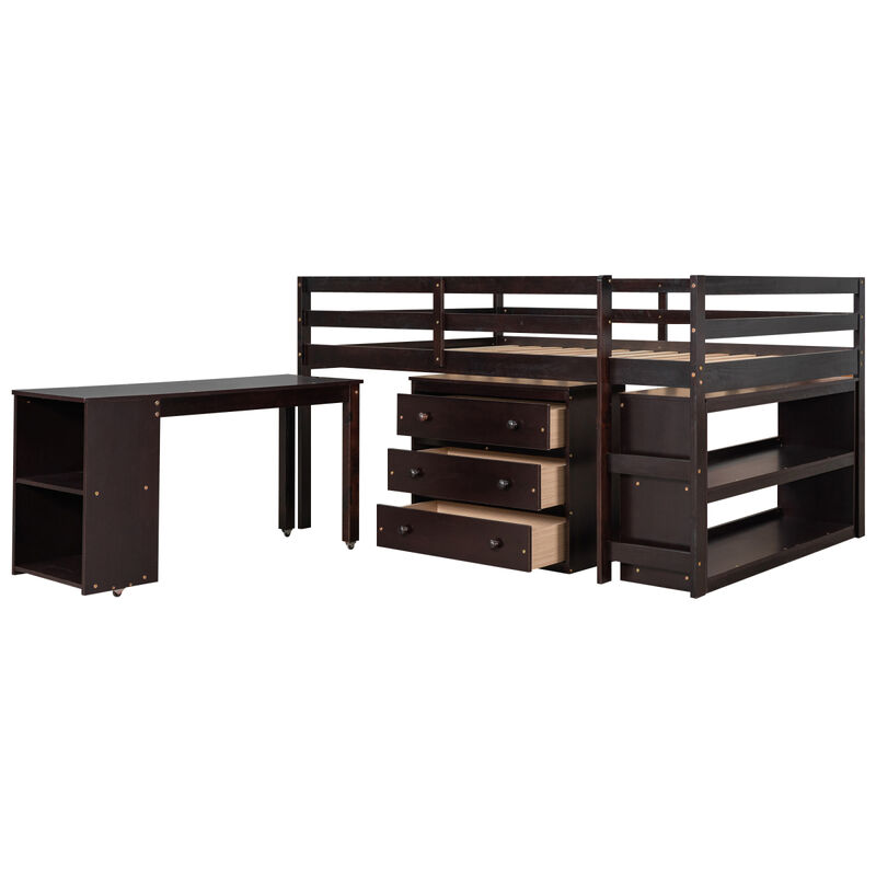 Low Study Full Loft Bed With Cabinet, Shelves And Rolling Portable Desk, Multiple Functions