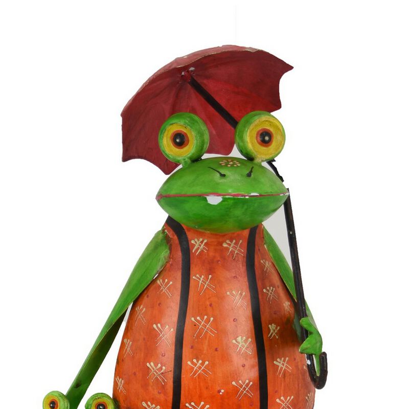 Rookie Outdoor Painted Frogs, Orange, Green, Brown Metal, 32 Inch - Benzara