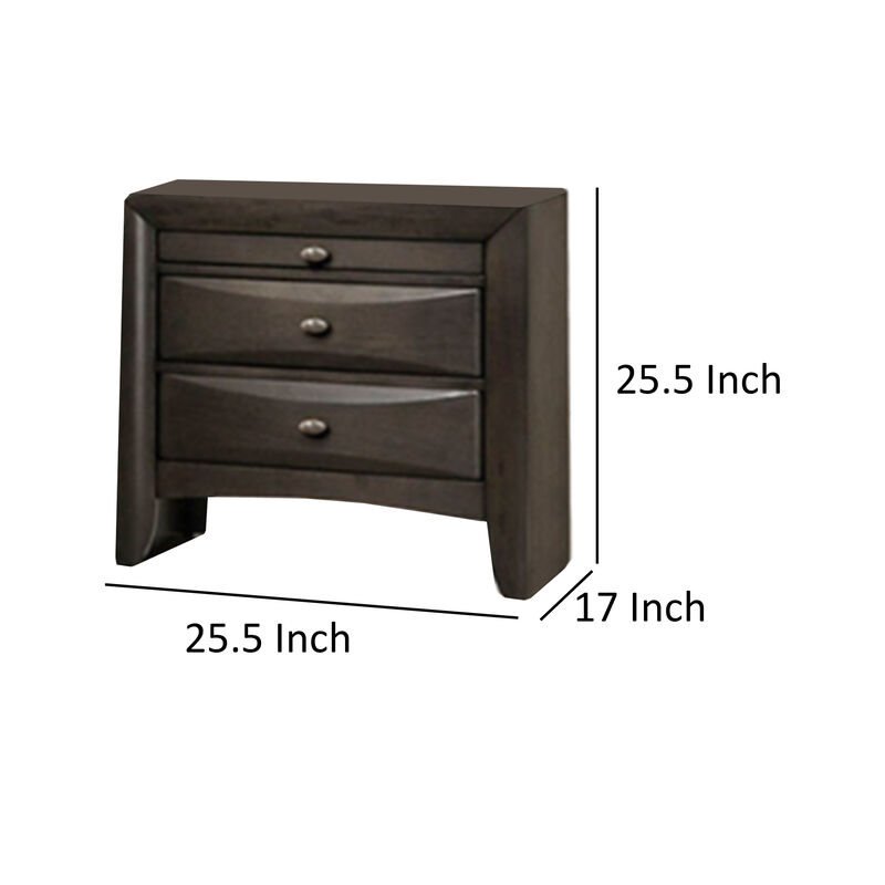 Simo Nightstand, Spacious Top, Metal Knobs, 3 Drawers, Gray Solid Wood