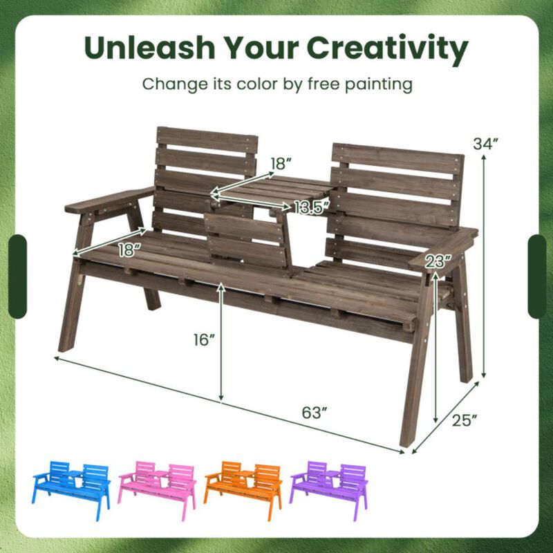 Hivvago Outdoor Fir Wood Bench with Foldable Middle Table-Gray