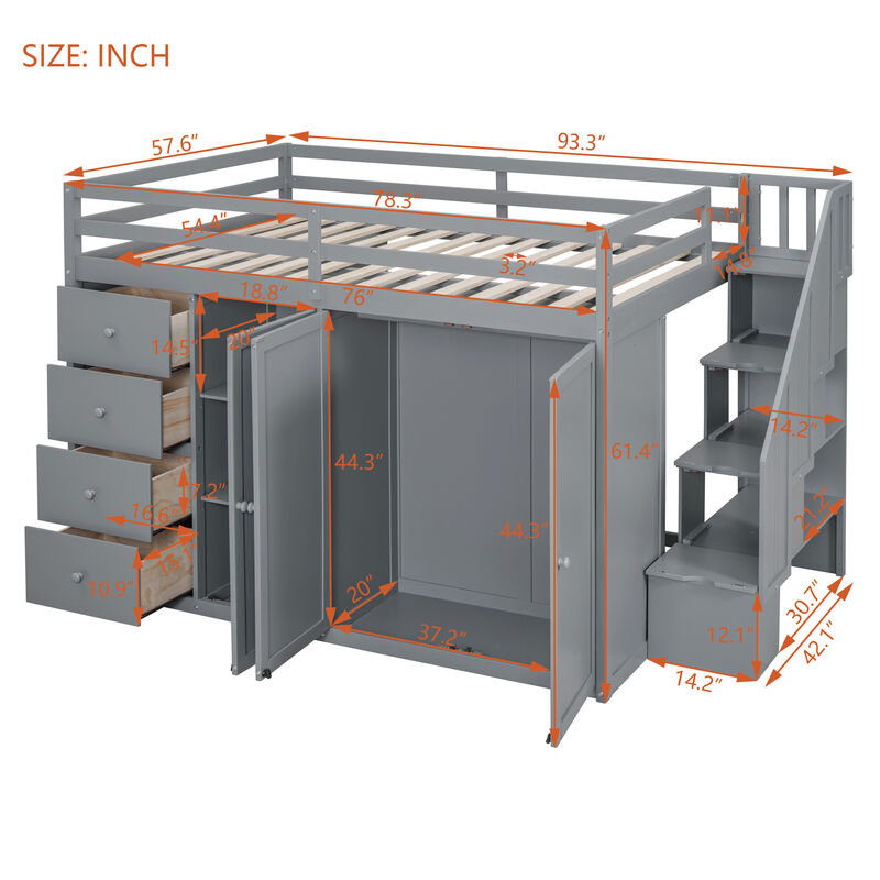 Merax Wood Loft Bed with Built-in Wardrobes