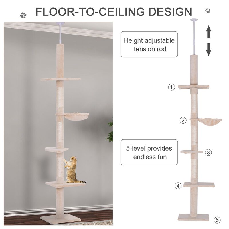 Beige Feline Playground: 8.5' Adjustable Cat Tree with Platforms