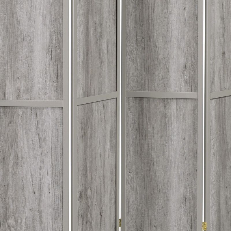 70 Inch Modern 4 Panel Folding Screen Room Divider, Rustic Gray Wood Finish-Benzara