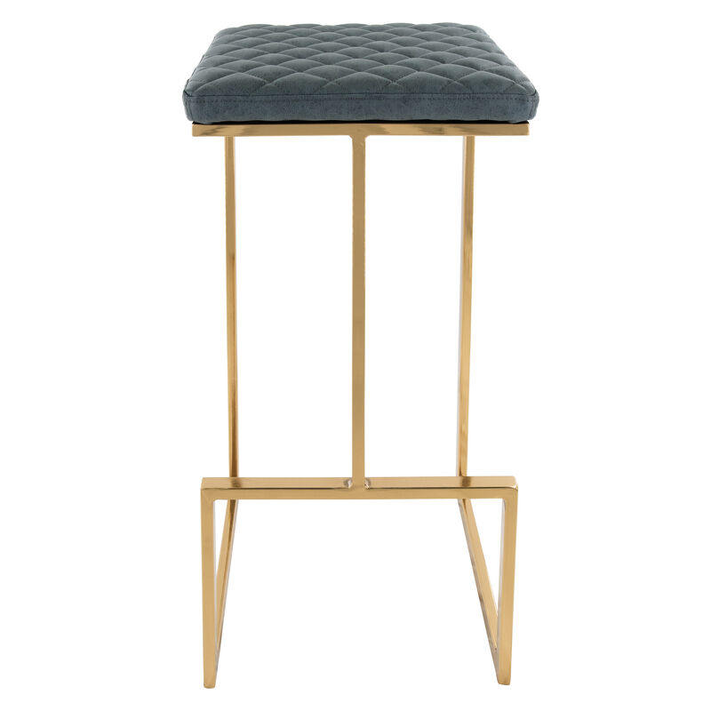 LeisureMod Quincy Stitched Leather Gold Metal Bar Stools in Olive Green