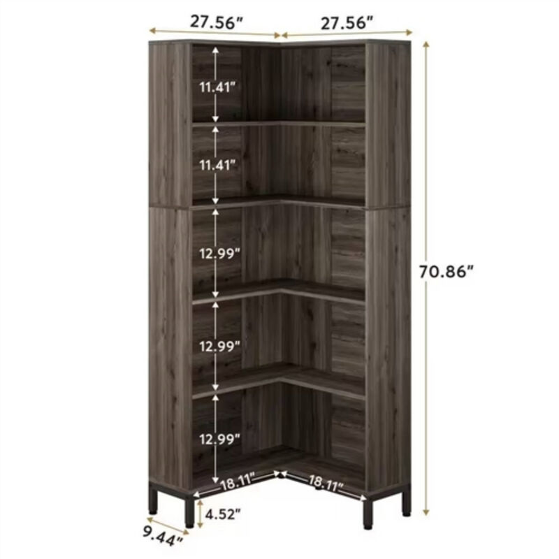 High Corner Bookcase in Wood Finish for Space-Saving Storage For Living Room