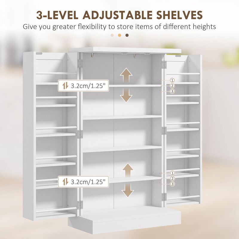 White Freestanding Kitchen Pantry: 5-Tier, 12 Spice Rack, Adjustable