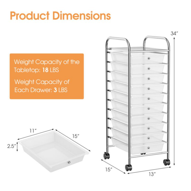 Hivvago 10 Drawer Rolling Storage Cart Organizer with 4 Universal Casters