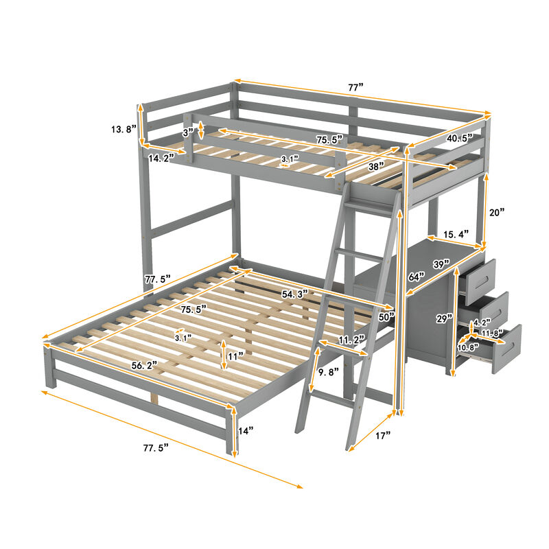 Merax Wood Bunk Bed with Desk and Three Drawers