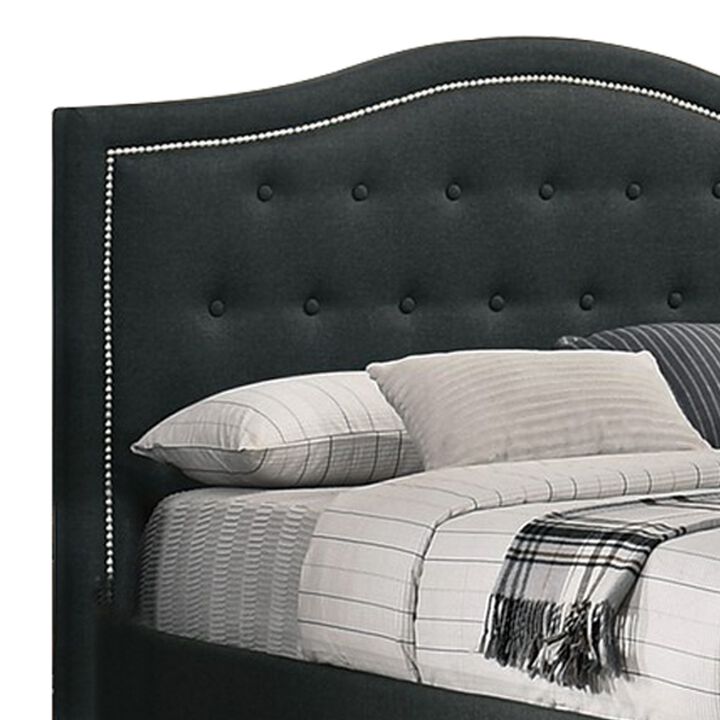Buk California King Bed, Upholstered Tufted Headboard, Charcoal Burlap  - Benzara