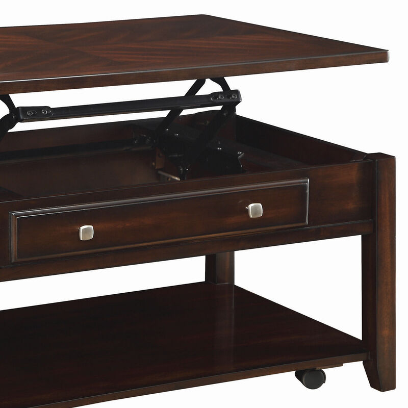 Modern Lift Top Wooden Coffee Table With Storage & Shelf, Walnut Brown-Benzara