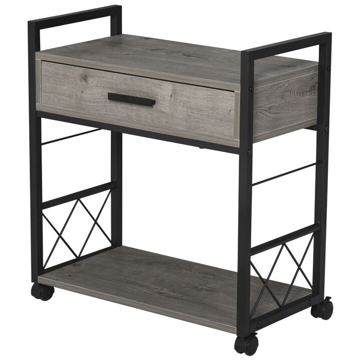 Gray Bedside Table: Rustic Wood Side Table with Drawer and Wheels