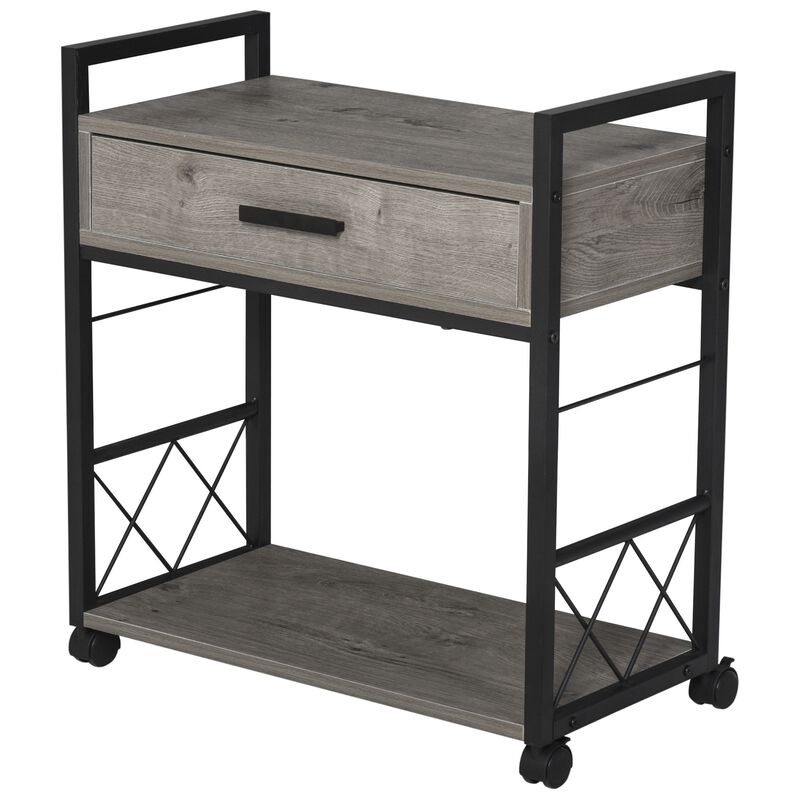 Gray Bedside Table: Rustic Wood Side Table with Drawer and Wheels