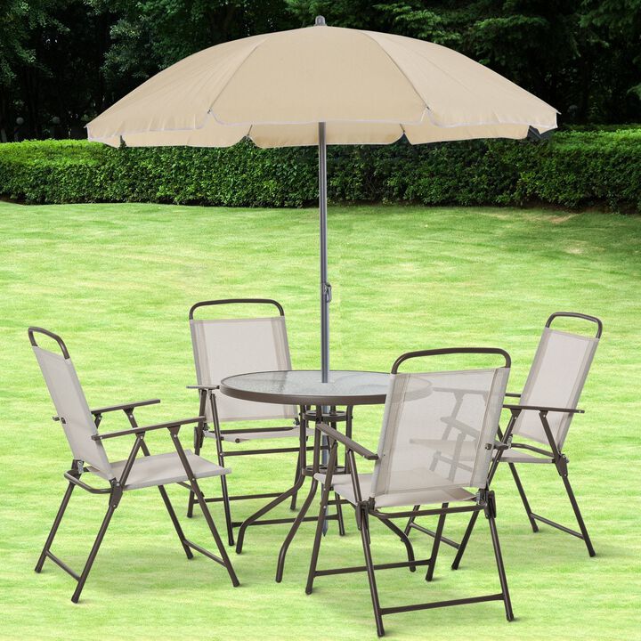 Beige Outdoor Dining: 6-Piece Set with Umbrella, Chairs & Glass Table