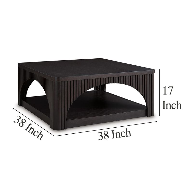 Yini Square Cocktail Coffee Table, Caster Wheels, 38 Inch Black Wood - Benzara