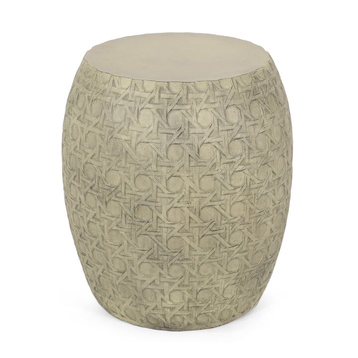 Outdoor End Table, Antique Yellow Faux Concrete, Round 18 Inch - Benzara