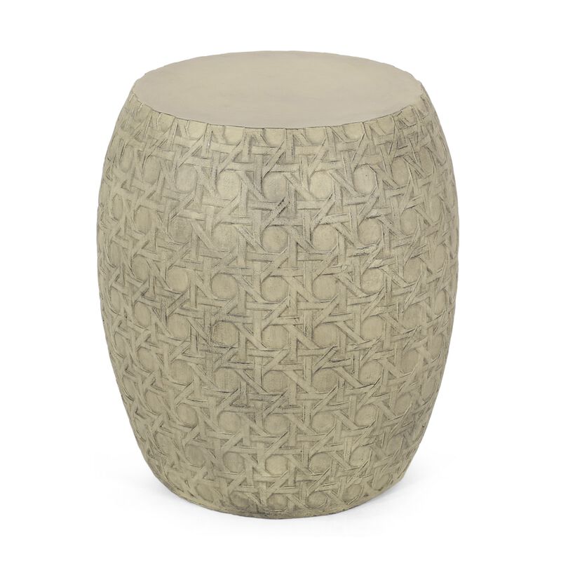 Outdoor End Table, Antique Yellow Faux Concrete, Round 18 Inch - Benzara