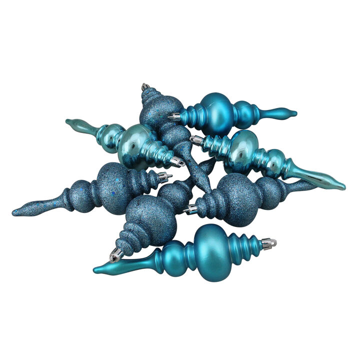 8ct Turquoise Blue Shatterproof 4-Finish Finial Christmas Ornaments 7"
