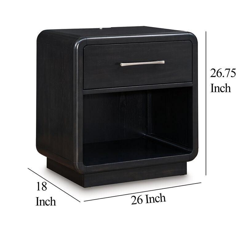 Robeck Nightstand, 1 Drawer, Black 26 Inch, Silver Metal Handles - Benzara