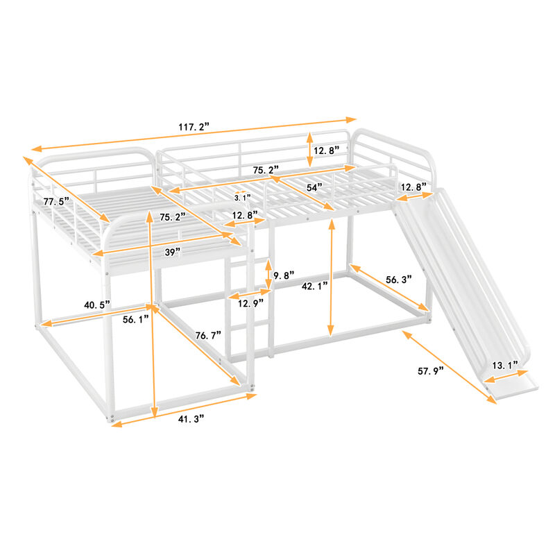 Full And Twin Size L-Shaped Bunk Bed With Slide And Short Ladder