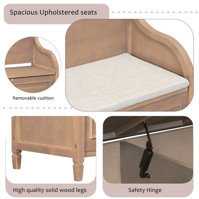 Gewnee Rustic Style Solid wood Entryway Multifunctional Storage Bench with Safety Hinge (Brown+ Beige)