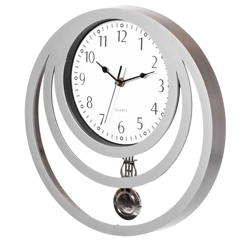 Decorative Modern Unique Round Plastic Wall Clock with Circles, for Living Room, Kitchen, or Dining Room, Silver