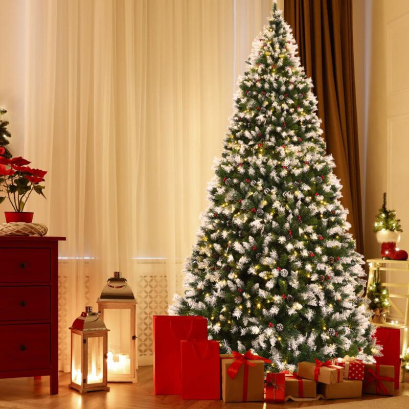 Hivvago 7.5/9 FT Pre-lit Snow Flocked Christmas Tree with Red Berries and 8 Lighting Modes