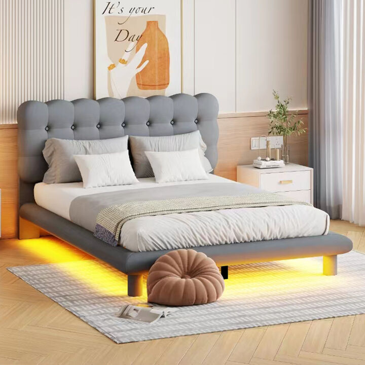 Gray Velvet Platform Bed with LED Frame