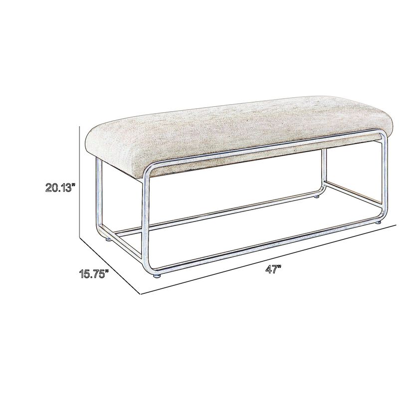 47 Inch Accent Stool, Cushioned, Antique Brushed Brass Frame, Off White - Benzara