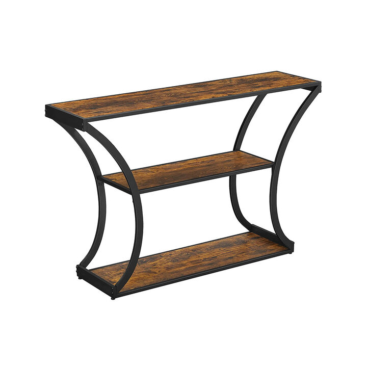 Versatile Hallway Table with Curved Frames - Rustic Brown and Black, 2 Open Shelves
