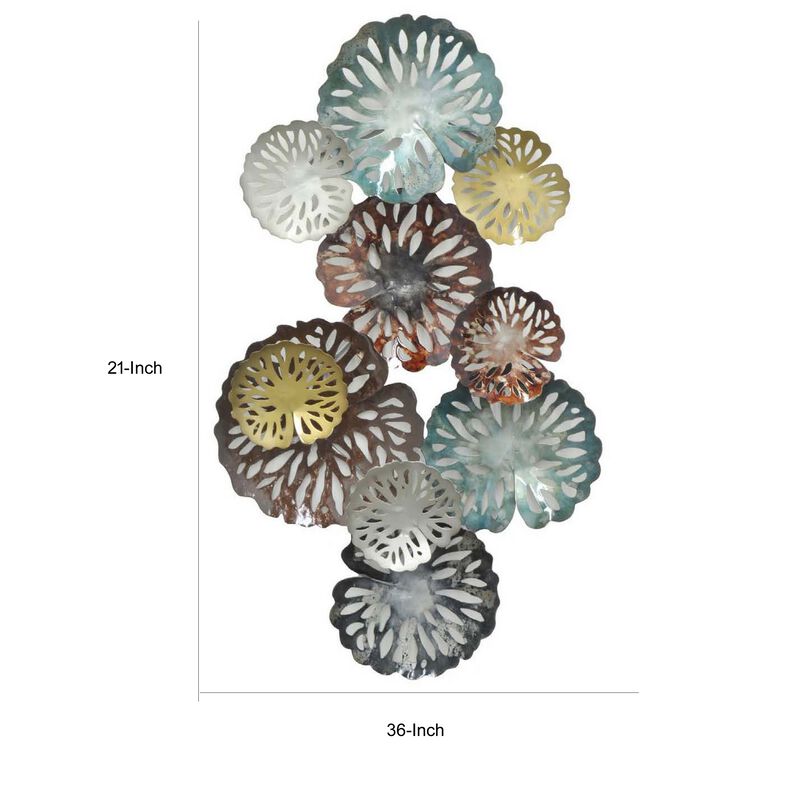 36 Inch Wall Decor, Hanging Piece, Various Size Metal Flowers, Multicolor - Benzara