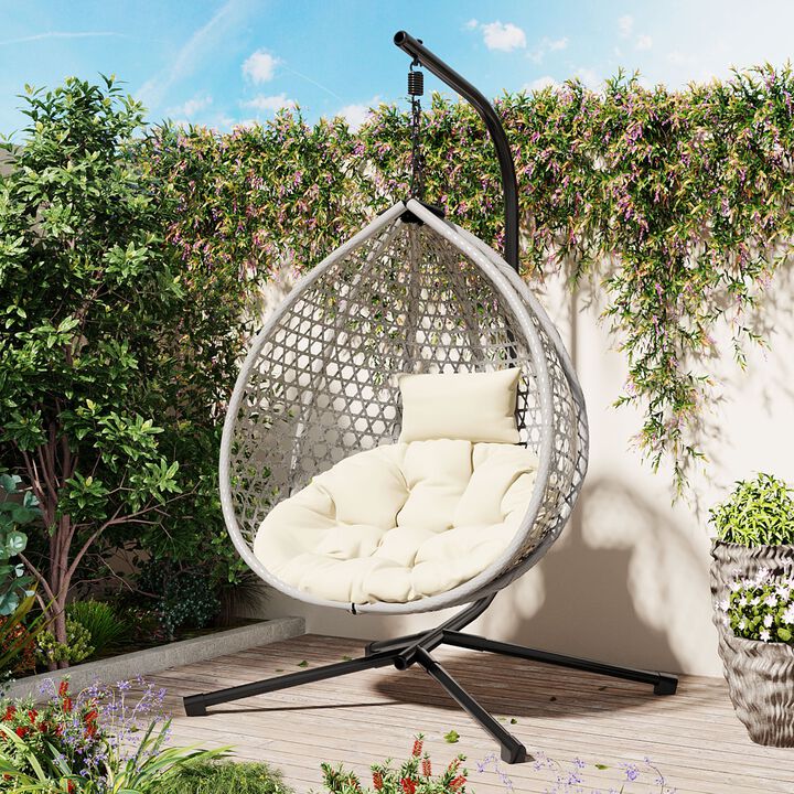 Mondawe Outdoor Rattan Egg Chair W/ Adjustable Headrest & Iron Base,Hollow-Out Design Hanging Chair