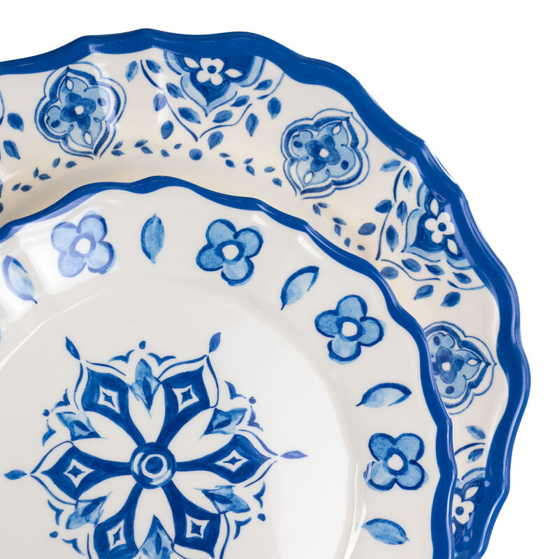 Elama Blue Garden 12 Piece Scalloped Lightweight Melamine Dinnerware Set in Blue