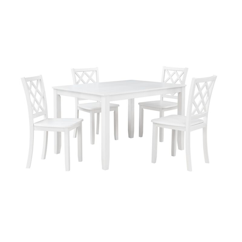 Ava 5pc Dining Table Set, 4 Lattice Back Chairs, White Rubberwood Frame - Benzara
