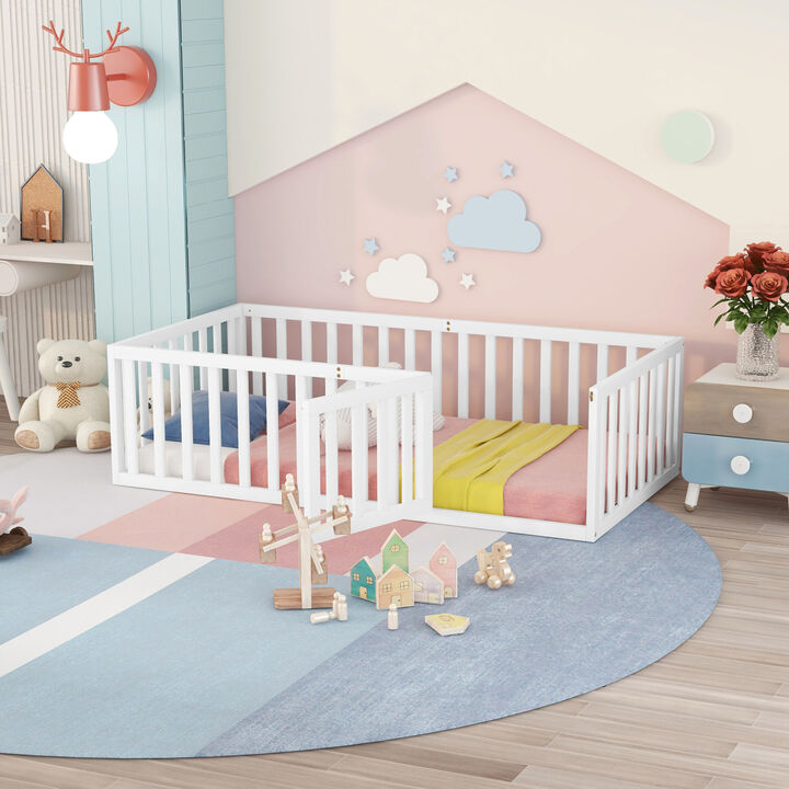 Twin Size Wood Floor Bed Frame With Fence And Door