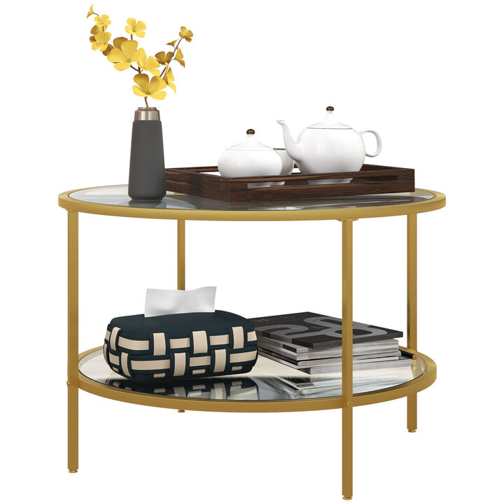 HOMCOM Round Side Table with Storage, 2-Tier End Table Tempered Glass Top