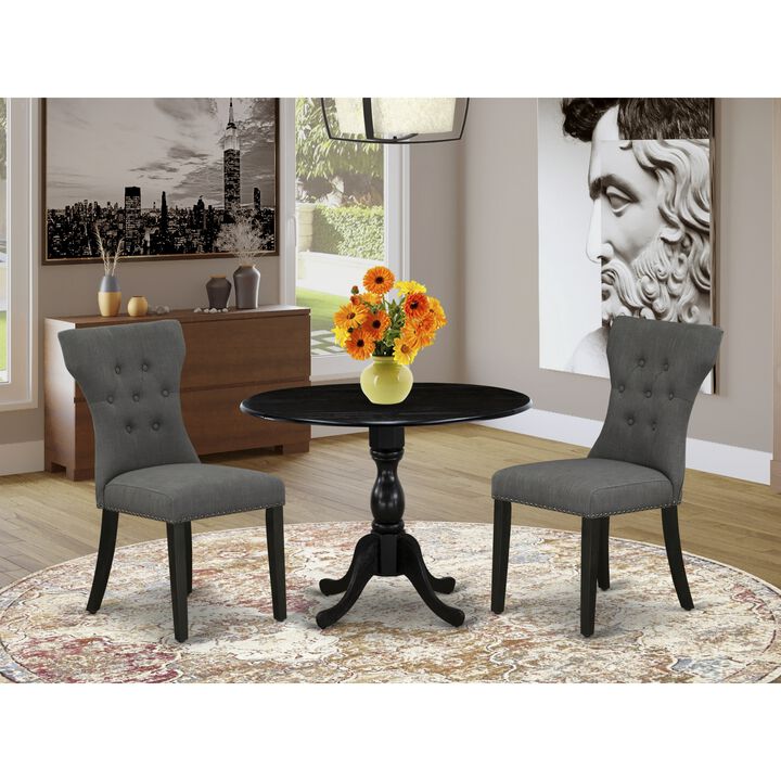 East West Furniture East West Furniture DMGA3-ABK-50 3 Piece Dining Set Contains 1 Drop Leaves Table and 2 Dark Gotham Grey Linen Fabric Dining Chairs Button Tufted Back with Nail Heads - Wire Brushed Black Finish