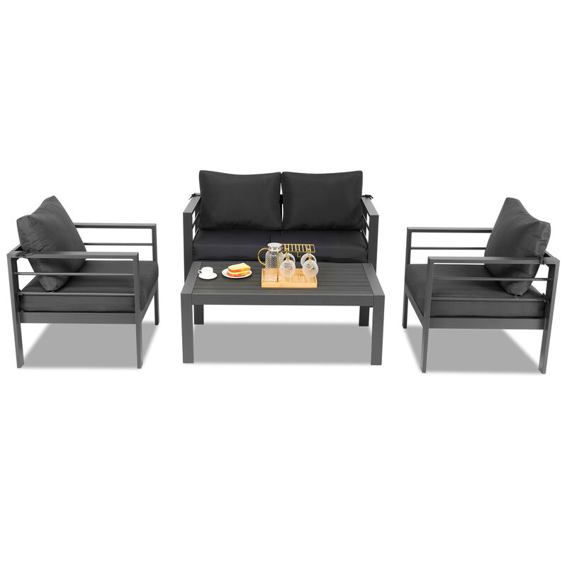 4-Piece Modern Aluminum Patio Set, Outdoor Sectional Sofa with Coffee Table & Cushions