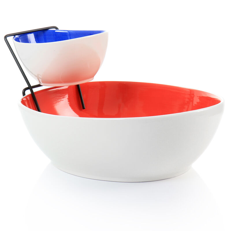 Gibson Home Crenshaw 3 Piece Hand Painted Stoneware Chip and Dip Set with Metal Rack