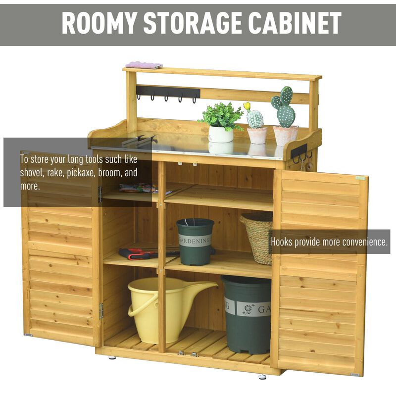 Yellow Garden Station: 34.25"L Wooden Potting Bench with Storage