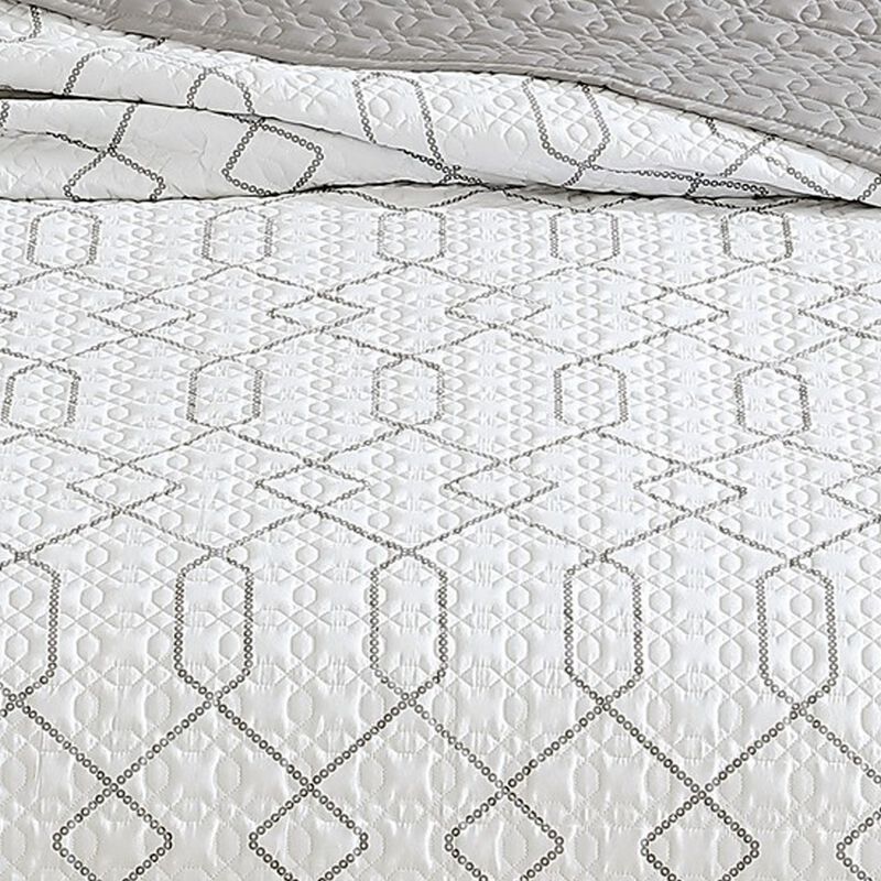 Jim 2 Piece Twin Size Reversible Coverlet Set, Geometric White and Gray - Benzara