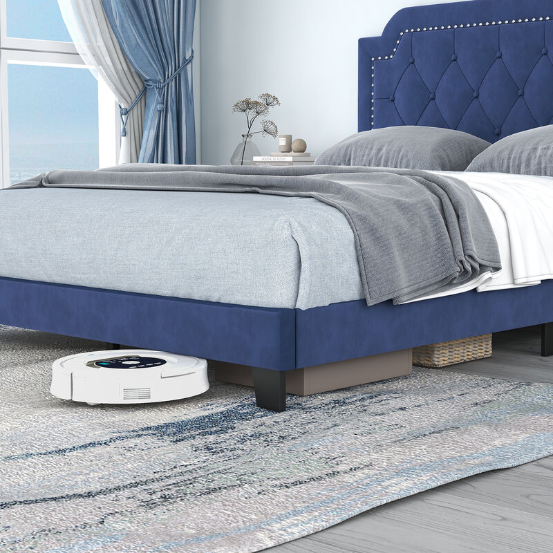 Queen Size Velvet Platform Bed with Button Tufted and Nailhead Trim Headboard
