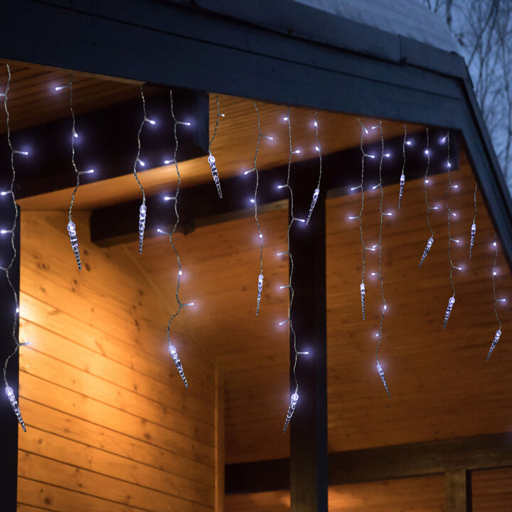 360 Count Icicle with Ice Pillars Christmas Light Set  Pure White LED Lights  Clear Wire