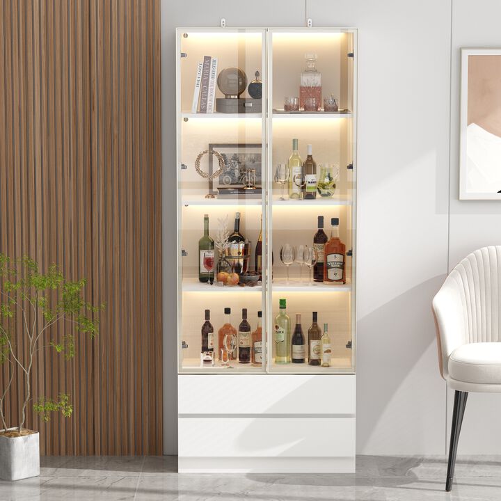 FUFU&GAGA Glass Display Cabinet with Adjustable Shelves and Drawers for Liquor and Collectibles (31.5" W x 14.2" D x 78.7" H) White